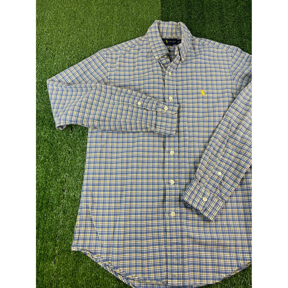 Ralph Lauren Custom Fit Blue Yellow Plaid Button Down Shirt Mens Small S/P